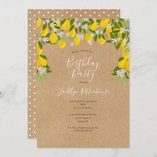 Invitation Fête d'anniversaire de citrons rustiques fleuris (Devant / Derrière)