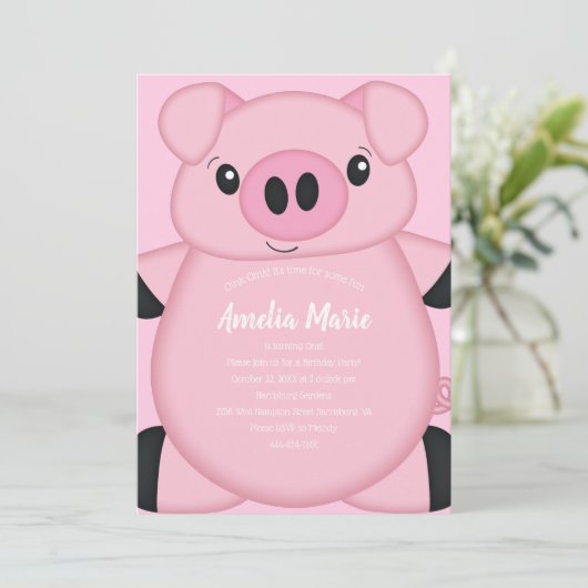Invitation Fête d'anniversaire de Cochon rose (Debout devant)