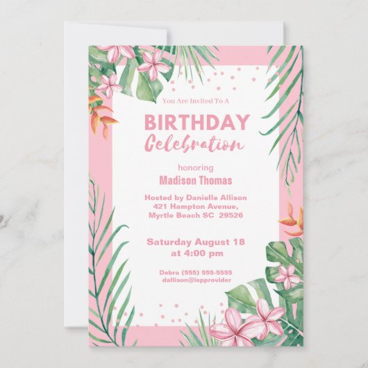 Invitation Fête d'anniversaire de Confetti aux fleurs roses p (Devant)