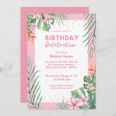 Invitation Fête d'anniversaire de Confetti aux fleurs roses p (Devant / Derrière)