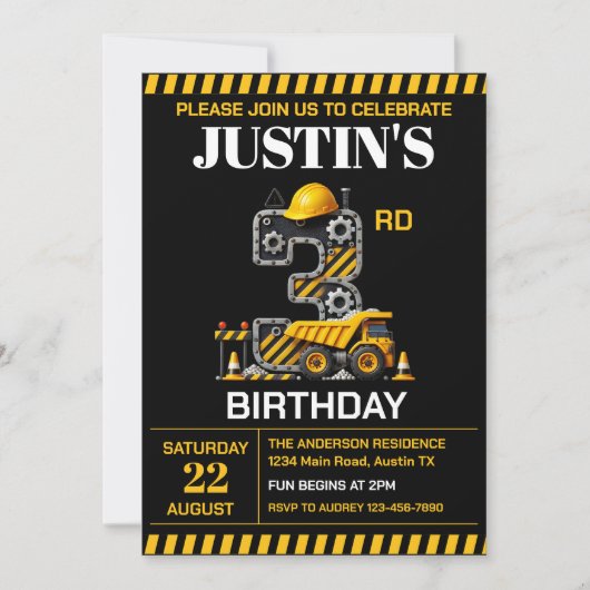 Invitation Fête d'anniversaire de Construction Mignonne 3 ans (Devant)