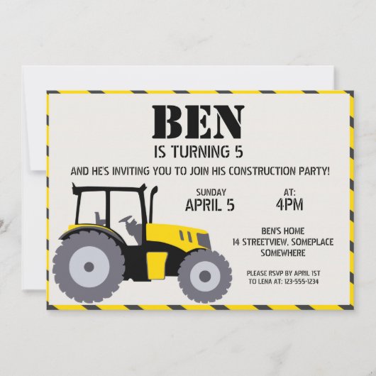 Invitation Fête d'anniversaire de construction tracteur jaune (Devant)