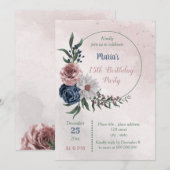 Invitation fête d'anniversaire de couronnes florales rose et  (Devant / Derrière)