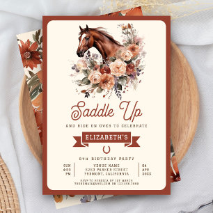 Invitation Fête d'anniversaire de cowgirl au cheval floral en