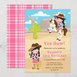 Invitation Fête d'anniversaire de cowgirl aux cheveux noirs
