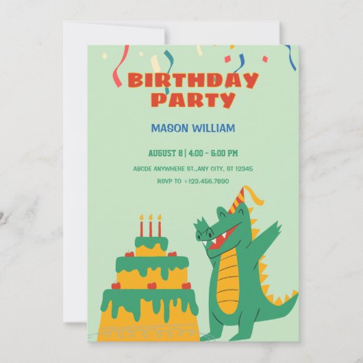 Invitation Fête d'anniversaire de crocodile vert (Devant)