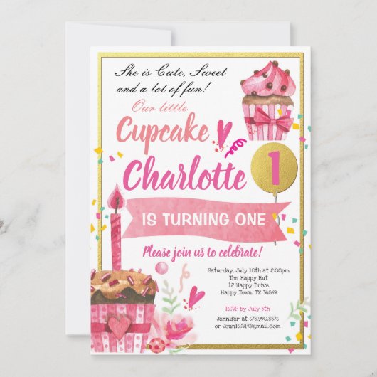 Invitation Fête d'anniversaire de Cupcake rose et or (Devant)