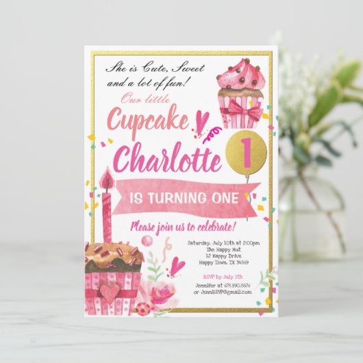 Invitation Fête d'anniversaire de Cupcake rose et or (Debout devant)