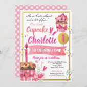 Invitation Fête d'anniversaire de Cupcake rose et or (Devant / Derrière)