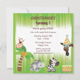 Invitation Fête d'anniversaire de Cute Jungle Animaux