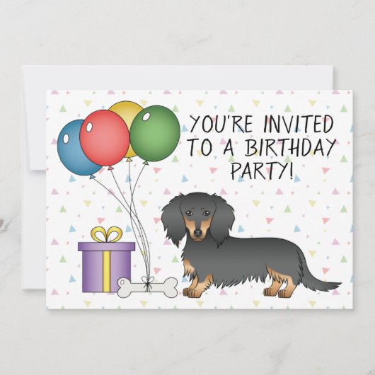 Invitation Fête d'anniversaire de Dachshund à poil long noir (Devant)