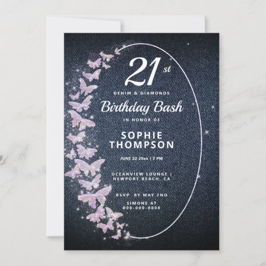 Invitation Fête d'anniversaire de Denim Diamond Rose Butterfl (Devant)