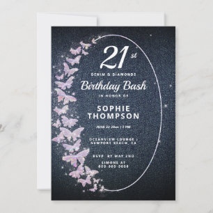 Invitation Fête d'anniversaire de Denim Diamond Rose Butterfl