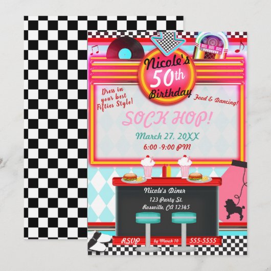 Invitation Fête d'anniversaire de diner rétro vintage années (Devant / Derrière)