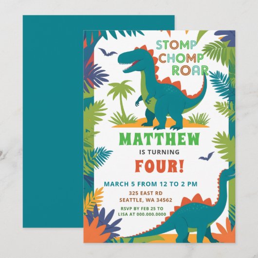 Invitation Fête d'anniversaire de dinosaure (Devant / Derrière)