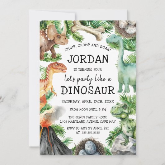 Invitation Fête d'anniversaire de dinosaure    (Devant)