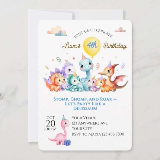 Invitation Fête d'anniversaire de dinosaure à l'aquarelle (Devant)