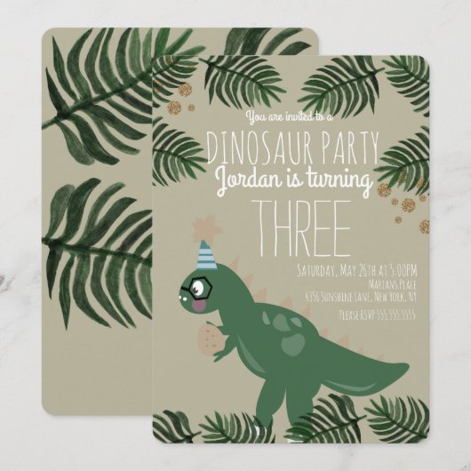 Invitation Fête d'anniversaire de dinosaure cool Confetti pai (Devant / Derrière)