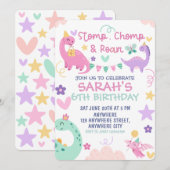 Invitation Fête d'anniversaire de dinosaure pastel Stomp Chom (Devant / Derrière)