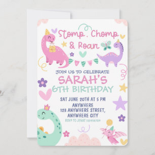 Invitation Fête d'anniversaire de dinosaure pastel Stomp Chom