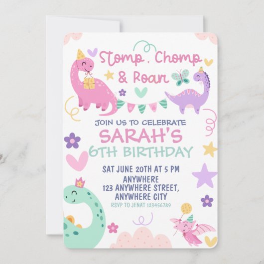 Invitation Fête d'anniversaire de dinosaure pastel Stomp Chom (Devant)