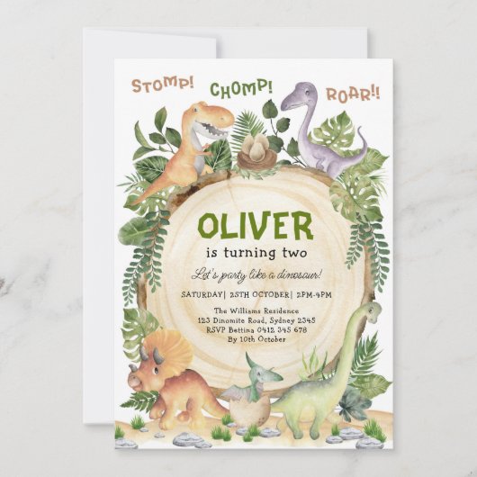 Invitation Fête d'anniversaire de dinosaure | Piétiner Mâcher (Devant)