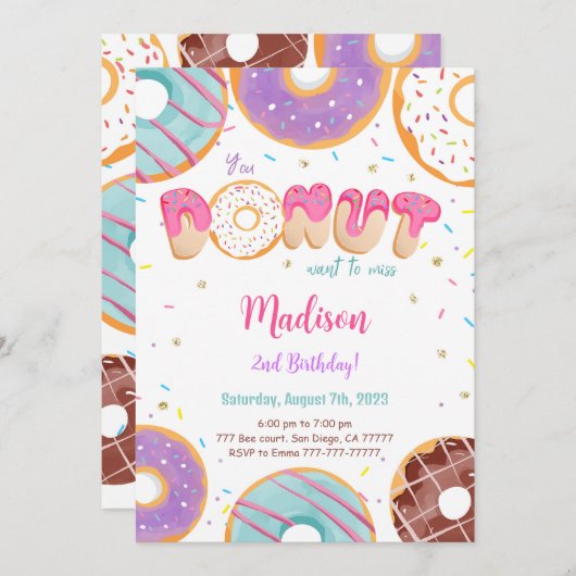 Invitation Fête d'anniversaire de Donut modifiable (Devant / Derrière)