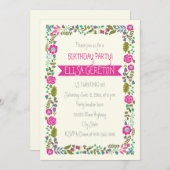 Invitation Fête d'anniversaire de femme à la frontière fleuri (Devant / Derrière)