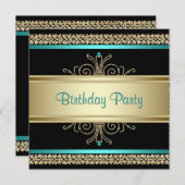 Invitation Fête d'anniversaire de femme Bleu sarcelle Aqua Or (Devant / Derrière)