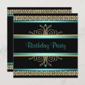 Invitation Fête d'anniversaire de femme Bleu sarcelle Aqua Or (Devant / Derrière)