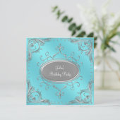 Invitation Fête d'anniversaire de femme bleu sarcelle argenté (Debout devant)