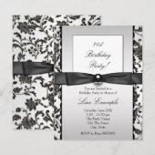 Invitation Fête d'anniversaire de femme en noir cravate damas (Devant / Derrière)