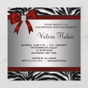 Invitation Fête d'anniversaire de femme Fille Zèbre Rouge