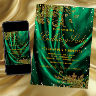 Invitation Fête d'anniversaire de femme vert émeraude or