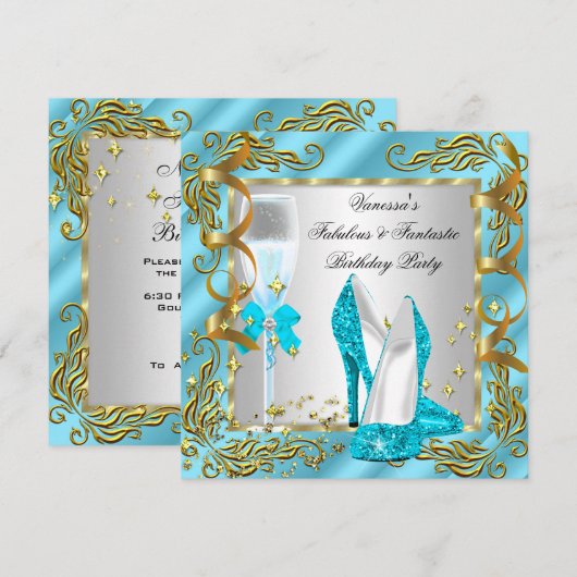 Invitation Fête d'anniversaire de femmes Bleu Sarcelle Or Arg (Devant / Derrière)