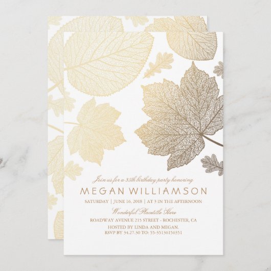 Invitation Fête d'anniversaire de feuilles blanches et dorées (Devant / Derrière)