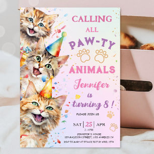 Invitation Fête d'anniversaire de fille 8 ans Cat Pawty
