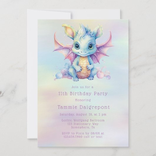 Invitation Fête d'anniversaire de fille au dragon mignon past (Devant)