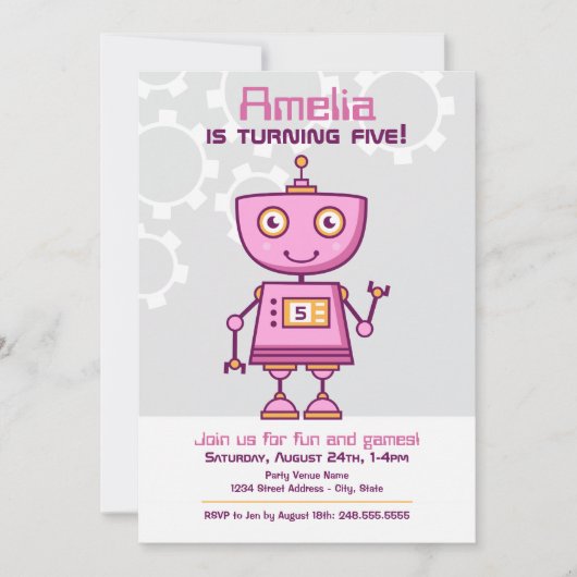 Invitation Fête d'anniversaire de fille au robot rose (Devant)