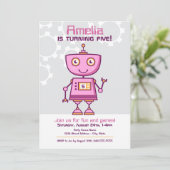 Invitation Fête d'anniversaire de fille au robot rose (Debout devant)