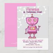 Invitation Fête d'anniversaire de fille au robot rose (Devant / Derrière)