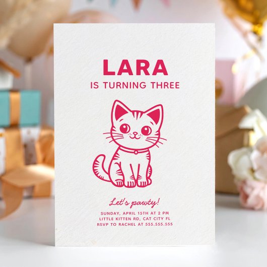 Invitation Fête d'anniversaire de fille avec chaton de couleu