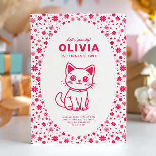 Invitation Fête d'anniversaire de fille avec chaton de couleu