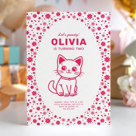 Invitation Fête d'anniversaire de fille avec chaton de couleu