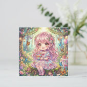 Invitation Fête d'anniversaire de fille Chibi rose avec cupca (Debout devant)