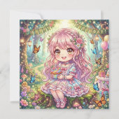 Invitation Fête d'anniversaire de fille Chibi rose avec cupca (Devant)