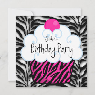 Invitation Fête d'anniversaire de fille Cupcake Zèbre Rose Ch
