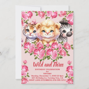 Invitation Fête d'anniversaire de fille de 3 ans et rose sauv