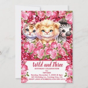 Invitation Fête d'anniversaire de fille de 3 ans et rose sauv