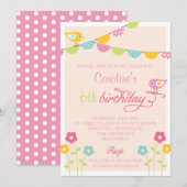 Invitation Fête d'anniversaire de fille de fleurs et de (Devant / Derrière)